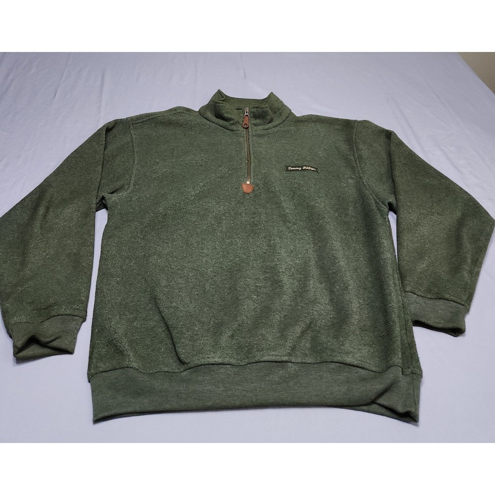 Tommy Hilfiger Mens Large Green Fleece Quarter Zip Pullover Sweatshirt Vintage